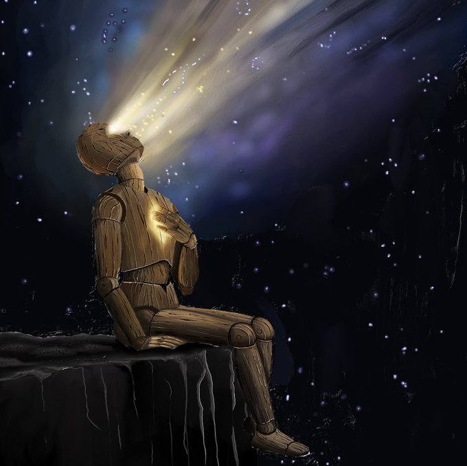 A digital illustration of a wooden mannequin sitting on a dark rock, looking up at a beam of light filled with stars shining down from a dark night sky.