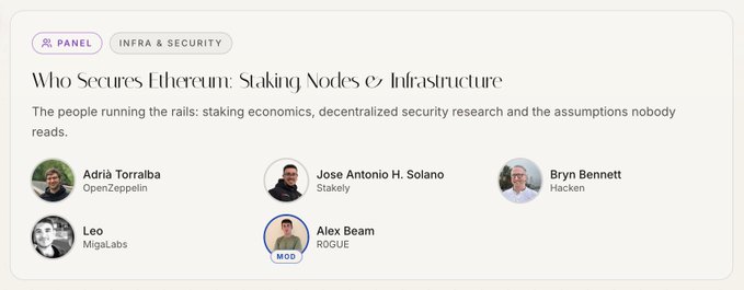 A panel announcement titled 'Who Secures Ethereum Staking Nodes & Infrastructure' featuring speakers Adria Torralba (OpenZeppelin), Jose Antonio H. Solano (Stakely), Bryn Bennett (Hack3n), Leo (MigaLabs), and Alex Beam (ROGUE), under the category 'INFRA & SECURITY'.