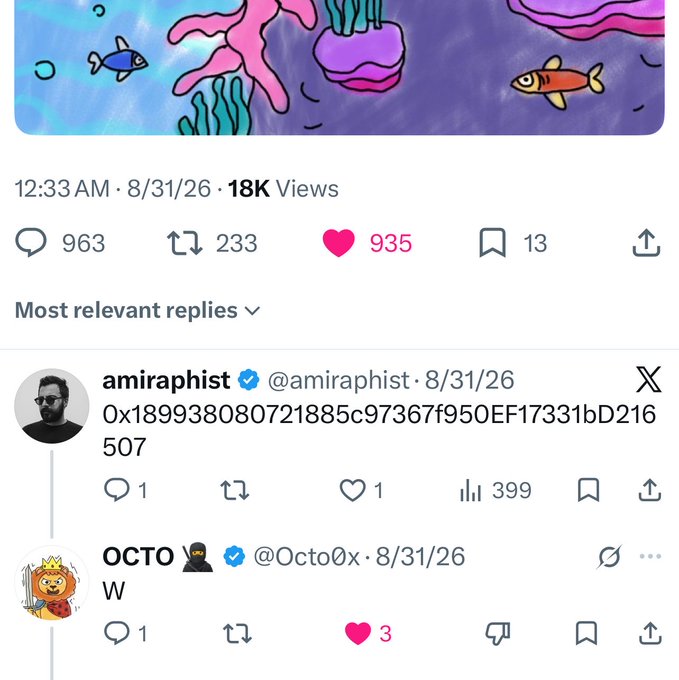 A social media post screenshot showing 18K views from 8/31/26 with 963 replies and 935 likes, featuring a comment from verified user @amiraphist with a long alphanumeric string.