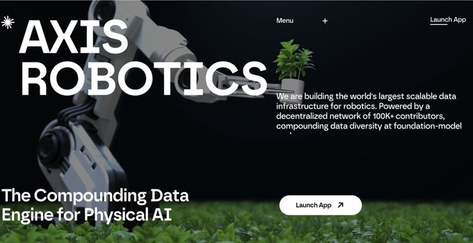 A website header for "AXIS ROBOTICS" with the tagline "The Compounding Data Engine for Physical AI" and a description of building decentralized data infrastructure for robotics.