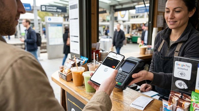 A customer uses a smartphone to make a contactless payment at an outdoor café, where a vendor holds a card reader displaying a "Google Pay accepted" sign. The image visually reinforces the post's message about seamlessly converting crypto into everyday spending money through the Binance Card at real-world merchants.