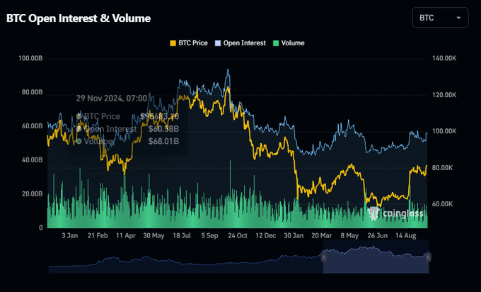 A financial chart titled 'BTC Open Interest & Volume' from coinglass displaying BTC Price, Open Interest, and Volume trends over time, with a data point marked for 29 Nov 2024, 07:00 showing BTC Price $96,837.10, Open Interest $60.38B, and Volume $68.01B.