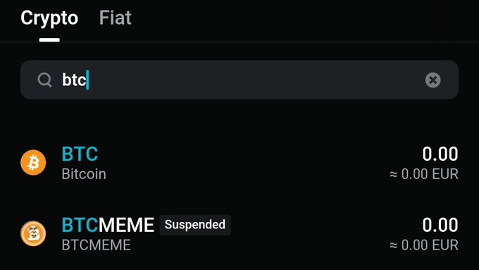 Crypto exchange interface searching for "btc", showing results for BTC (Bitcoin) and BTCMEME (BTCMEME, marked as Suspended), both at 0.00 and approximately 0.00 EUR.