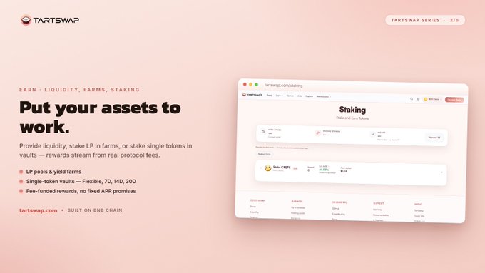 A promotional webpage for TartSwap on BNB Chain advertising staking services with the headline 'Put your assets to work.'
