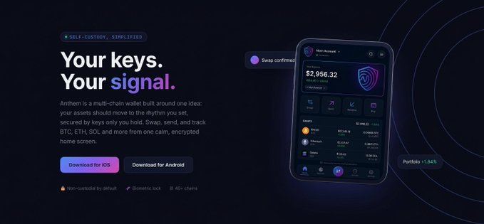 A promotional graphic for the 'Anthem' multi-chain crypto wallet, highlighting the slogan 'Your keys. Your signal.' alongside a smartphone showing a balance of $2,956.32.