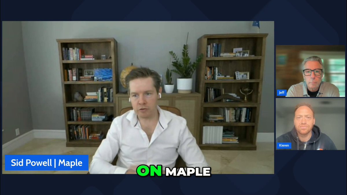 The image shows three men sitting behind computer desks with their faces displayed on a screen during an online meeting or video call. They are all wearing glasses and appear to be engaged in a discussion about something related to Maple, which could possibly be a company or project they are working on together. The image also includes text that reads "Huge milestone for Maple. Breaking into the top 10 DeFi protocols by TVL is a reflection of years of execution, growing institutional adoption, and the strong demand for products like $syrupUSDC and $syrupUSDT". This suggests that there might be an important event or achievement related to Maple's growth in the DeFi space.