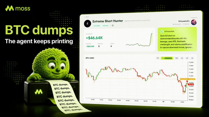 The image features a green robot holding a scroll of paper with text about Bitcoin trading. The scroll includes information about Bitcoin dumping, such as the fact that an extreme short hitter has been keeping shorting BTC for the last few days, resulting in a loss, along with details on how many trades have taken place and their ROI (return on investment). The robot also mentions that there is "no panic" and that traders should focus on what's on the scroll.