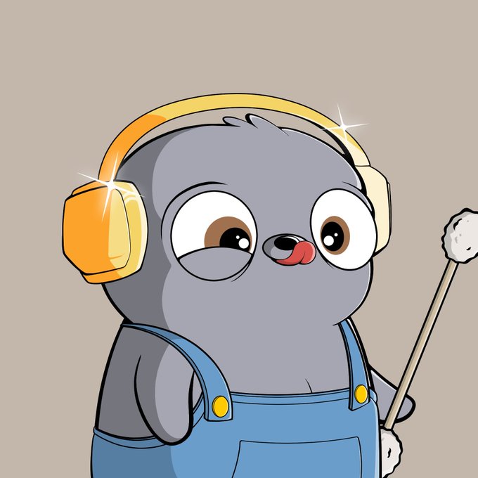 A cartoon illustration of a cute gray seal-like character wearing yellow headphones and blue overalls, holding a drumstick with its tongue sticking out playfully.