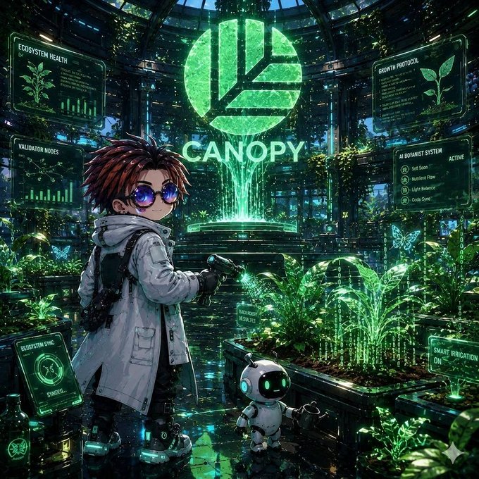 Digital artwork titled 'CANOPY' featuring an anime-style character with a small robot in a futuristic green-lit greenhouse, surrounded by HUD panels labeled 'Ecosystem Health,' 'Growth Protocol,' 'Validator Nodes,' 'AI Botanist System,' and 'Smart Irrigation.'