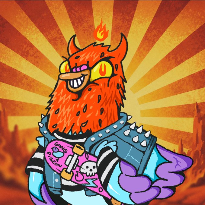 A punk-styled red bird character with a flame on its head and a spiked vest holds up a pink skateboard deck labeled "GANG PIGEON" with a skull graphic, set against a fiery orange sunburst background—visually introducing the "Wingston Bot" mascot as part of the Wingston NFT community's new utility rollout.