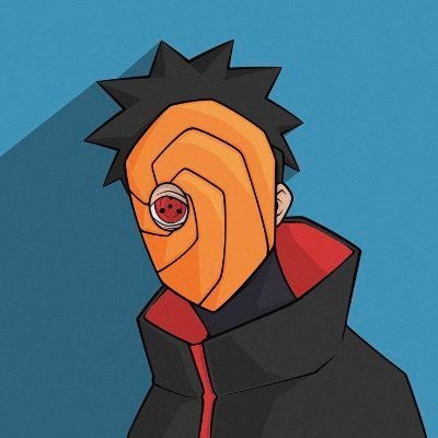 A stylized cartoon illustration of a character resembling Obito Uchiha from Naruto, wearing an orange spiral mask with a single eye visible.