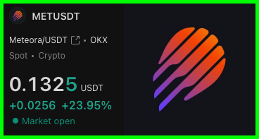 The image shows a screenshot of an advertisement for cryptocurrency trading services called "METUSDT". The advertisement highlights that there has been a significant increase in trade volume, with at least 23%+ gained over a few hours. It also mentions that the market is currently open and potentially showing positive signs of growth. A message from @MeteoraAG is displayed below the advertisement, stating their position on the matter.