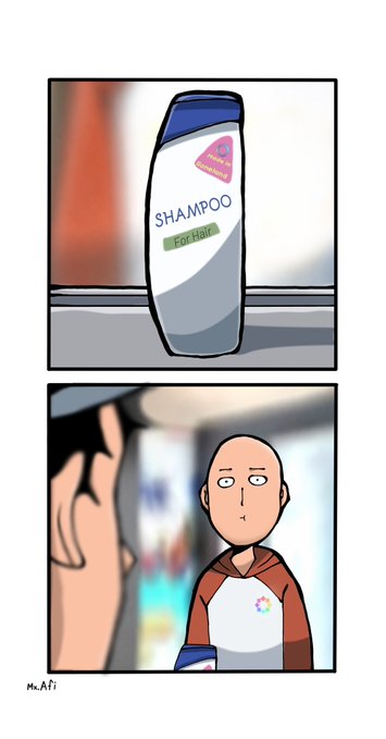 A shampoo bottle labeled "SHAMPOO For Hair" sits on a shelf, while below, a bald cartoon man gives the viewer a skeptical stare in what appears to be a store aisle. The comic humorously illustrates the joke about losing one's hair despite using shampoo, fitting the post's playful commentary about wanting a Startale Visa Card.