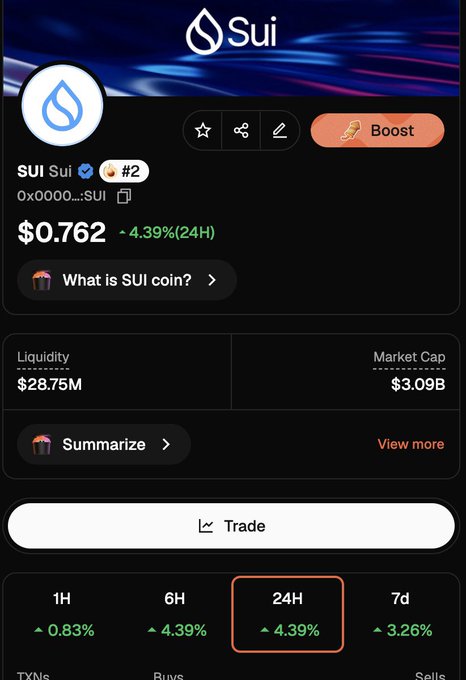 A screenshot of the SUI coin trading page shows a price of $0.762 with a 4.39% gain over 24 hours, a market cap of $3.09B, and $28.75M liquidity. The upward price movement and positive momentum visible in the chart support the bullish sentiment expressed in the caption about hitting the bottom.