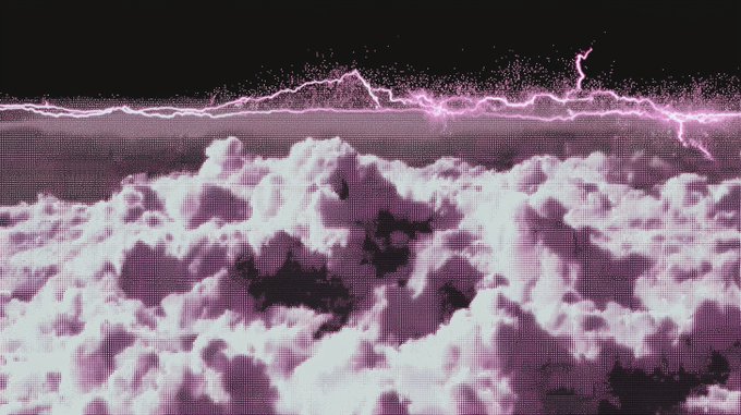A pixel art-style image depicts dramatic purple and white clouds beneath a dark sky, with pink lightning crackling across the horizon.