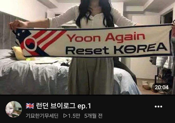 A YouTube vlog thumbnail dated March ("3월") with 15,000 views shows a woman holding up a scarf combining US and South Korean flag imagery with the text "Yoon Again Reset KOREA," supporting South Korean President Yoon Suk-yeol—visually aligning with the post's right-wing sentiment that mocks and dehumanizes supporters of the opposing Democratic Party.