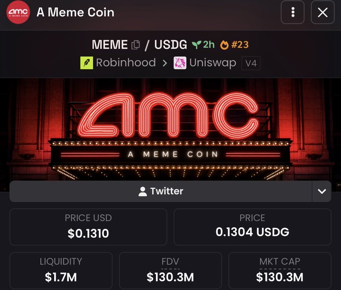 A screenshot of a cryptocurrency information page titled 'A Meme Coin', showing the ticker 'MEME / USDG', a neon 'AMC A MEME COIN' sign, and stats including a price of $0.1310, liquidity of $1.7M, and market cap of $130.3M.