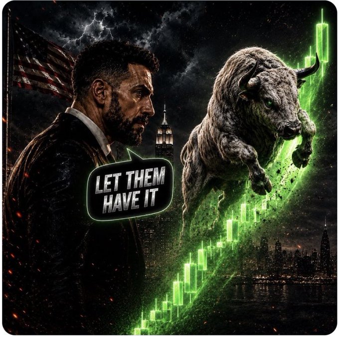 Dramatic stock market-themed digital artwork featuring a man in a suit with an American flag in the background, a speech bubble saying 'LET THEM HAVE IT', and a massive stone bull charging alongside a green candlestick chart rising over a city skyline.