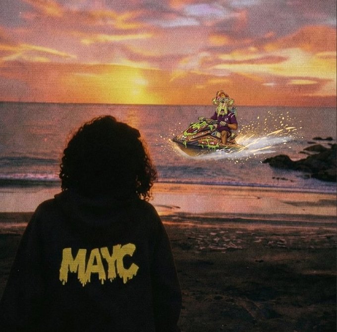 A Bored Ape Yacht Club (BAYC) themed image showing a person wearing a black 'MAYC' (Mutant Ape Yacht Club) hoodie watching a Bored Ape NFT character ride a jet ski into the sunset at the beach.