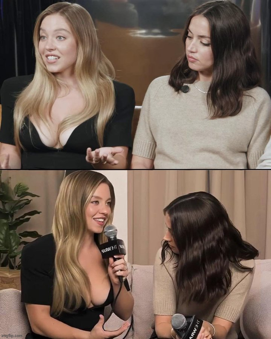 Two interview photos showing Sydney Sweeney being interviewed by a woman with dark hair, with a 'SiriusXM' branded microphone visible.