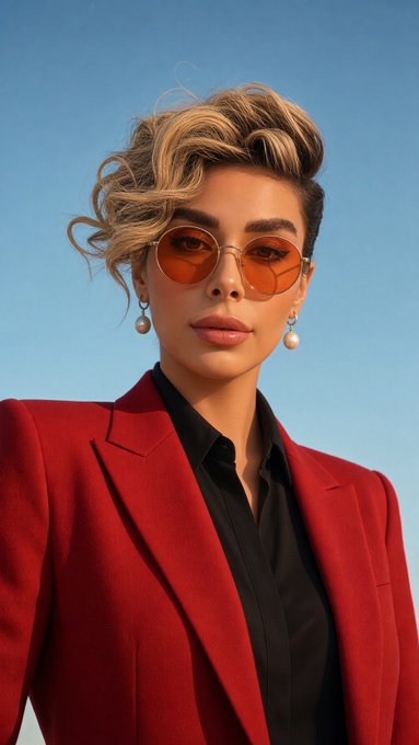 A stylish woman with curly blonde hair wears a red blazer over a black shirt and orange-tinted round sunglasses against a blue sky.