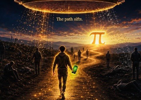 A fantasy digital artwork showing a figure holding a glowing phone walking toward a luminous golden path under a massive floating ring, with the pi symbol glowing in the distance and the text "The path sifts."