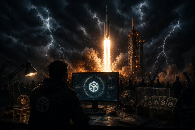 A dramatic digital illustration of a person at a computer monitor displaying a cube logo, watching a rocket launch into a stormy lightning-filled sky surrounded by crowds.