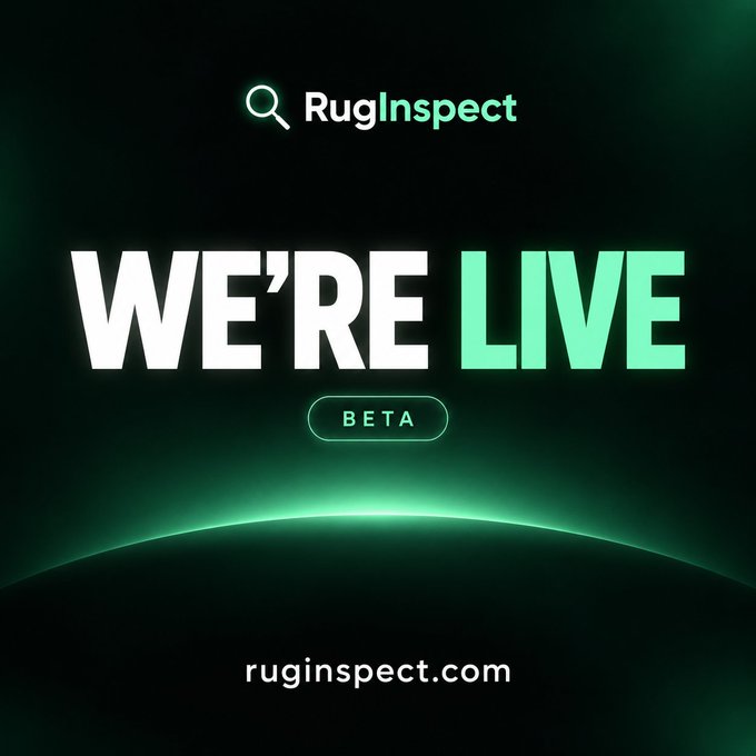 A promotional graphic for RugInspect announcing 'WE'RE LIVE BETA' at ruginspect.com with a dark green color scheme and magnifying glass logo.