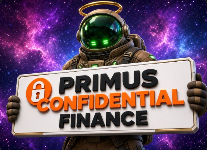 A 3D rendered astronaut with a green glowing visor holding a sign that reads 'PRIMUS CONFIDENTIAL FINANCE' against a purple cosmic background.