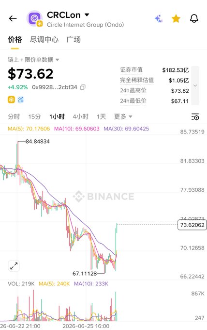 A Binance chart shows CRCL (Circle Internet Group/Ondo) trading at $73.62, down 4.92%, with the stock hitting a low of $67.11 from a high of $84.85 — visually confirming the post's mention of prices near 66, while the trader's average cost basis of 98 sits well above the current chart range, illustrating their patience-testing long-term hold.