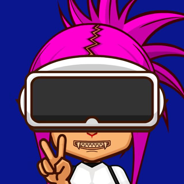 A digital illustration of a punk-style character with bright pink spiky hair and a VR headset, making a peace sign with a toothy grin against a blue background.