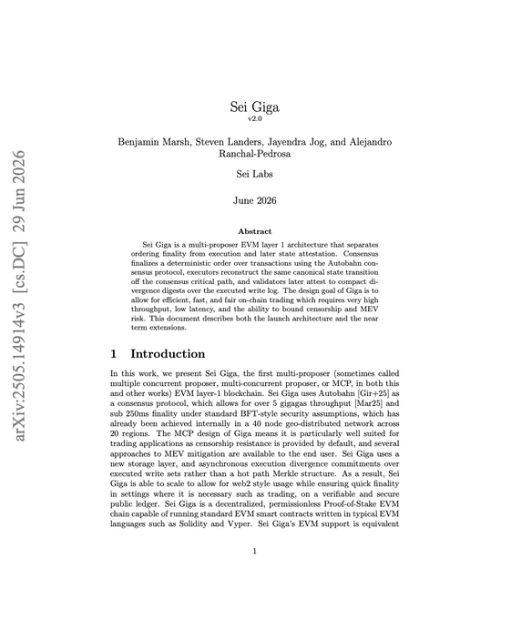 The first page of an academic paper titled 'Sei Giga v2.0' by Benjamin Marsh, Steven Landers, Jayendra Jog, and Alejandro Ranchal-Pedrosa from Sei Labs, dated June 2026, describing a multi-proposer EVM layer 1 architecture.