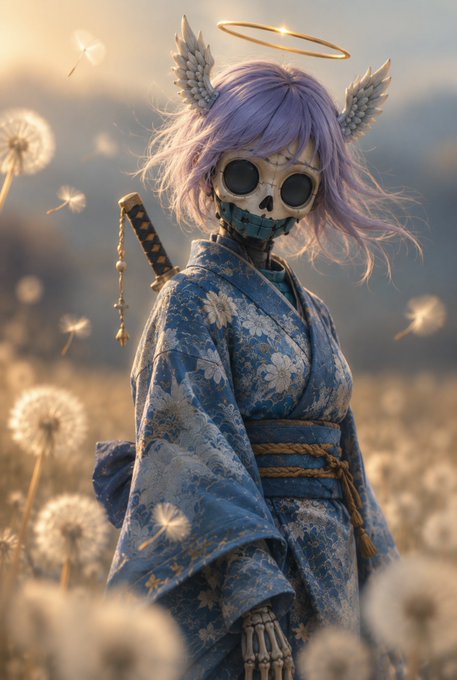 Digital artwork of an anime-style character with purple hair, angel wings, a halo, a skull-like face mask, and a blue floral kimono, standing in a field of dandelions.