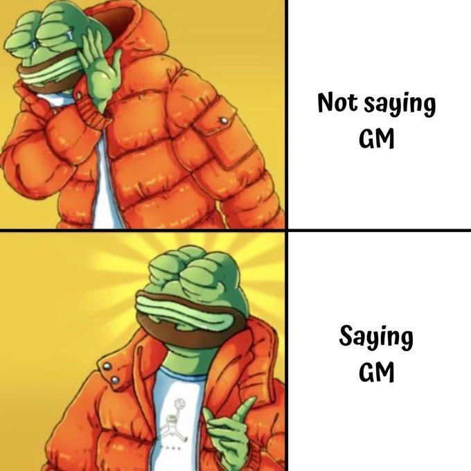 A two-panel "Drake" meme featuring the Pepe frog in an orange puffer jacket, with text reading "Not saying GM" (top panel, Pepe rejecting) and "Saying GM" (bottom panel, Pepe approving), used as a humorous disclaimer before the poster shares their genuine good morning message highlighting the Quip Network project.