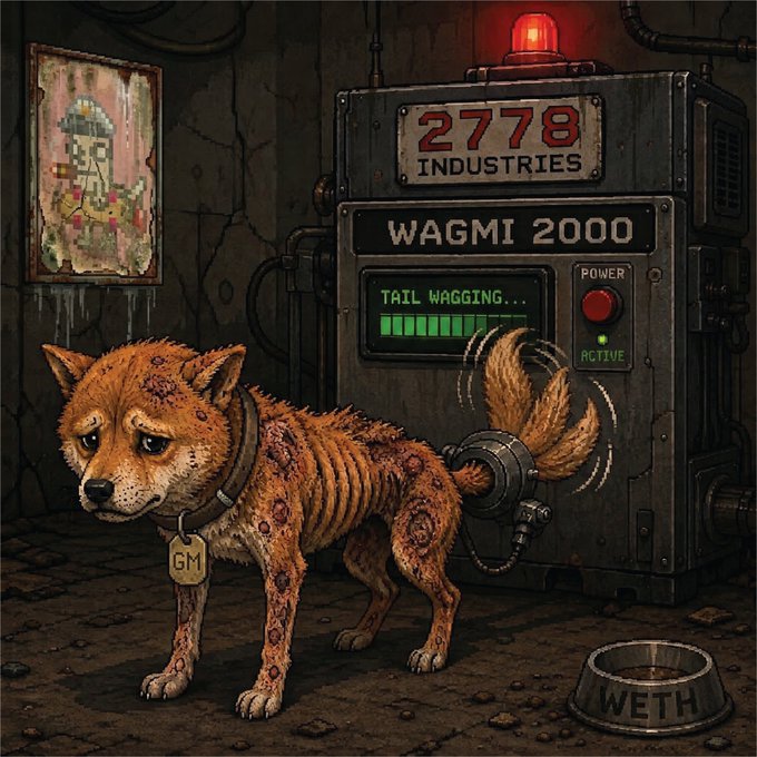 A detailed digital artwork showing a sickly, scab-covered dog with a mechanical tail-wagging device connected to a 'WAGMI 2000' machine labeled '2778 INDUSTRIES,' featuring a 'TAIL WAGGING...' display and a WETH dog bowl.