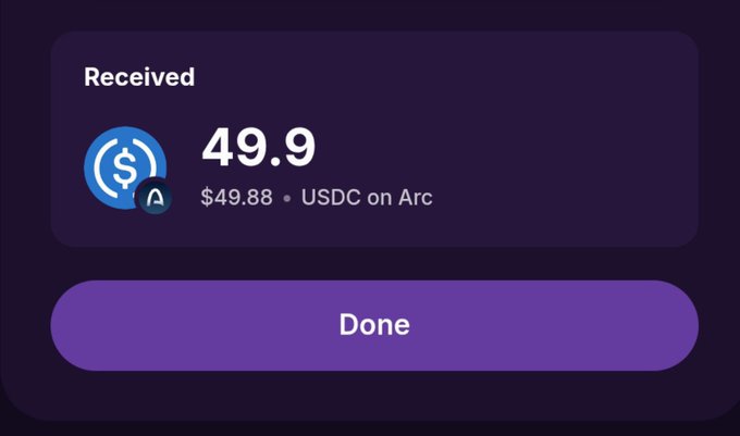 A digital wallet confirmation screen showing a payment received of 49.9, with 49.88 USDC on Arc, featuring a purple 'Done' button.