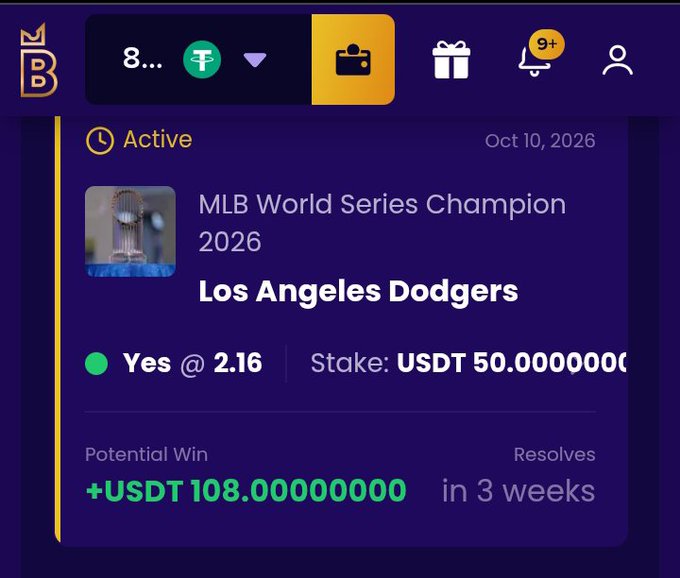 Sports betting app interface with an active wager on the 'MLB World Series Champion 2026' for the 'Los Angeles Dodgers' with 'Yes @ 2.16' odds, a stake of USDT 50.0000000, and a potential win of +USDT 108.00000000.