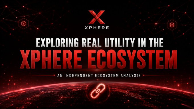A sleek promotional graphic with a black and red color scheme featuring the "Xphere" logo at the top, bold text reading "EXPLORING REAL UTILITY IN THE XPHERE ECOSYSTEM - AN INDEPENDENT ECOSYSTEM ANALYSIS," and digital network imagery at the bottom, visually introducing the post's independent analysis of whether Xphere (ticker XPH) is building genuine utility beyond just adding more applications to its Layer 1 blockchain.