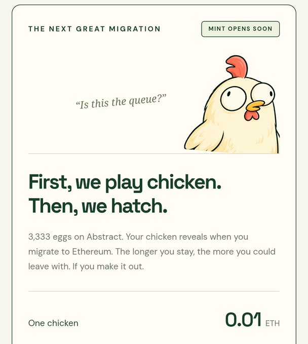 An advertisement for a digital collection titled "First, we play chicken. Then, we hatch.", offering 3,333 eggs on Abstract, with "One chicken" priced at 0.01 ETH, featuring a cartoon chicken illustration.