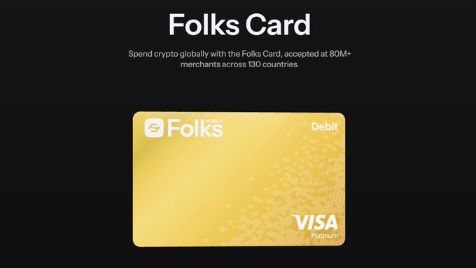 An advertisement for the Folks Card Visa Platinum Debit card, promoting spending crypto globally at 80M+ merchants across 130 countries.