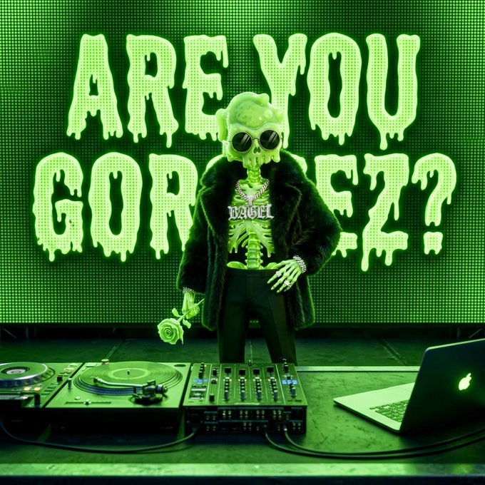 A green-tinted image of a skeleton DJ wearing sunglasses and a fur coat, standing behind turntables with the text 'ARE YOU GORGE?' displayed behind.