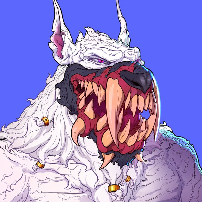 A digital illustration of a monstrous, white-furred creature with sharp fangs, glowing purple eyes, and long ears against a purple background.