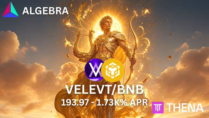 A divine golden figure holding a lyre stands against a sunset sky, overlaid with the Algebra and Thena logos promoting the VELVET/BNB liquidity pool, offering a 193.97 APR with -1.73K% change. The heavenly imagery reinforces the post's message of elevated earning potential and exclusive liquidity opportunities for LPs.