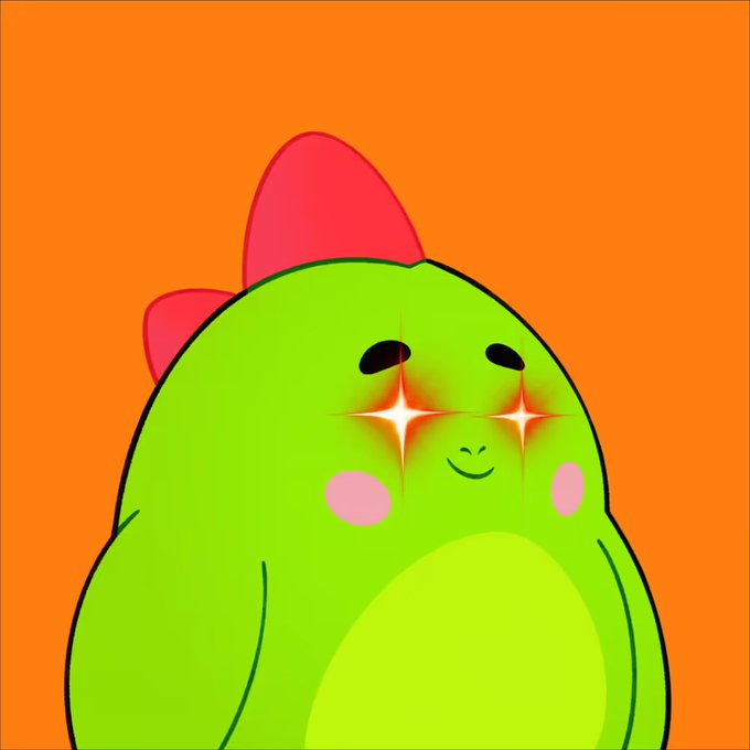 A cute green dinosaur with a red bow on its head and sparkly star eyes grins against an orange background, perfectly capturing the cheerful, wide-awake "GM" energy after a great night's sleep tracked by Sleepagotchi.

The cartoon dino's adorable, energized expression with shining eyes visually represents the boost from a perfect sleep score, while the character's playful vibe ties into the casual, relatable gamer frustration about not being able to level up heroes to 200.