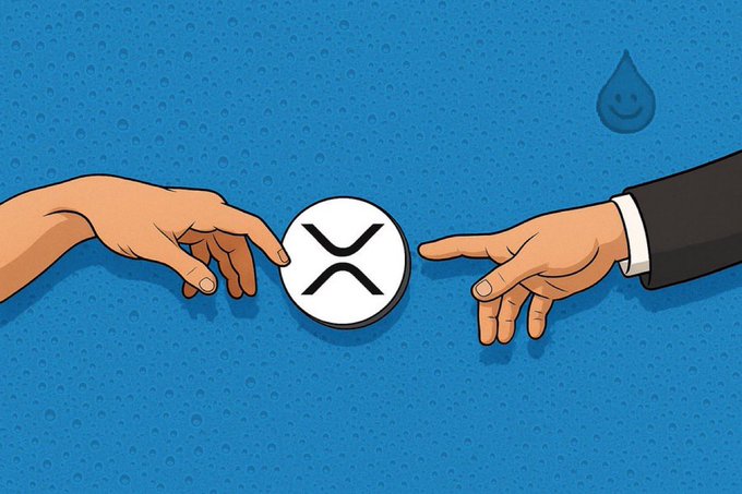 An illustration showing two hands reaching toward an XRP (X-symbol) coin on a blue textured background, with a smiling water droplet in the upper right.