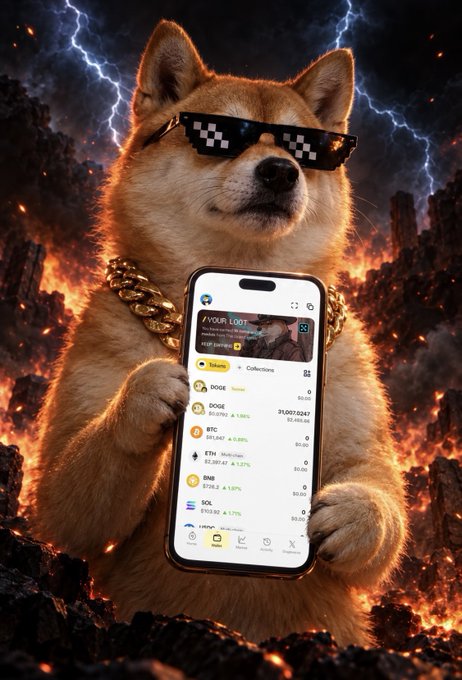 A Dogecoin-themed illustration shows a Shiba Inu in pixel sunglasses holding a smartphone with a crypto wallet screen, set against flames, rocks, and lightning.