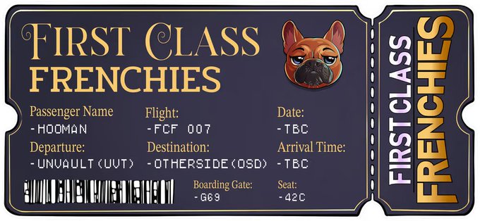 The image is a stylized airline ticket for “First Class Frenchies” showing passenger Hooman, flight FCF 007, gate G69, seat 42C, and a French bulldog mascot. It appears to be a leaked NFT ticket from the FrenchiesFirst AMA, linked to founders @TheDonDiablo777 and artist @Unclemac.