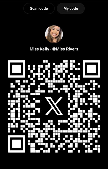 A mobile screen displaying a QR code for connecting on the social media platform X (Twitter) with the profile "Miss Kelly · @MissRivers".