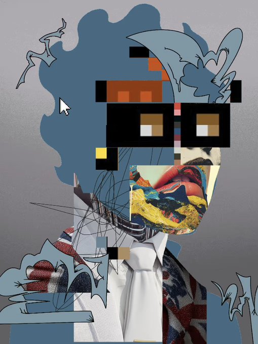 The image is an abstract digital collage featuring a fragmented figure with pixelated sunglasses, a palette-knife paint texture in vibrant colors, flowing blue hair, and a cursor hovering over the composition. It complements the post by visually representing the R3ORDR Vault's digital collectibles and the gamified, artistic nature of the project being promoted.