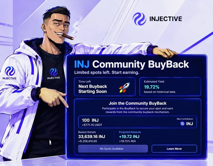 A promotional graphic for the "INJ Community BuyBack" features a stylized illustrated man in an Injective-branded hoodie pointing toward a dashboard displaying details about Round #234, including a basket value of 33,639.16 INJ (≈$259,410.65), a 100 INJ contribution limit, and an estimated yield of 19.72%—highlighting the new all-time-high basket figures referenced in the accompanying post.